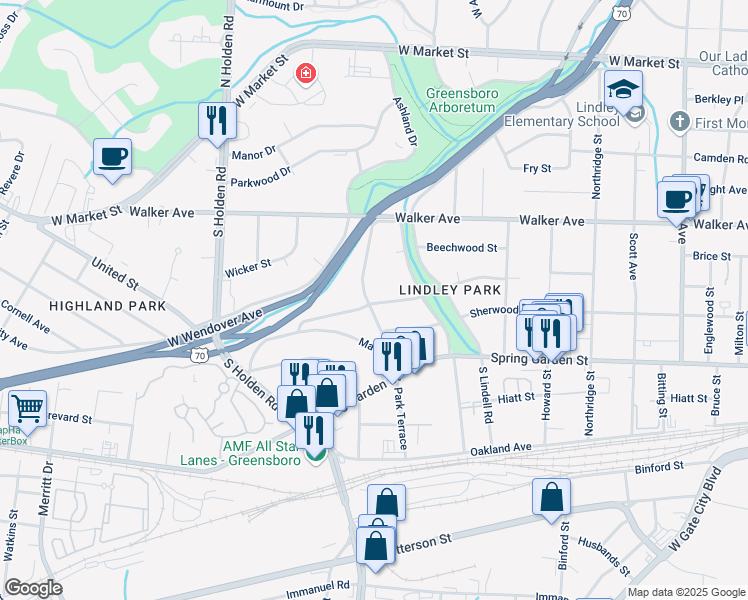 map of restaurants, bars, coffee shops, grocery stores, and more near 2914 Springwood Drive in Greensboro