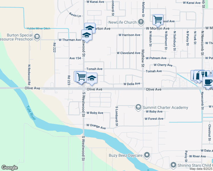 map of restaurants, bars, coffee shops, grocery stores, and more near 2207 West Della Court in Porterville