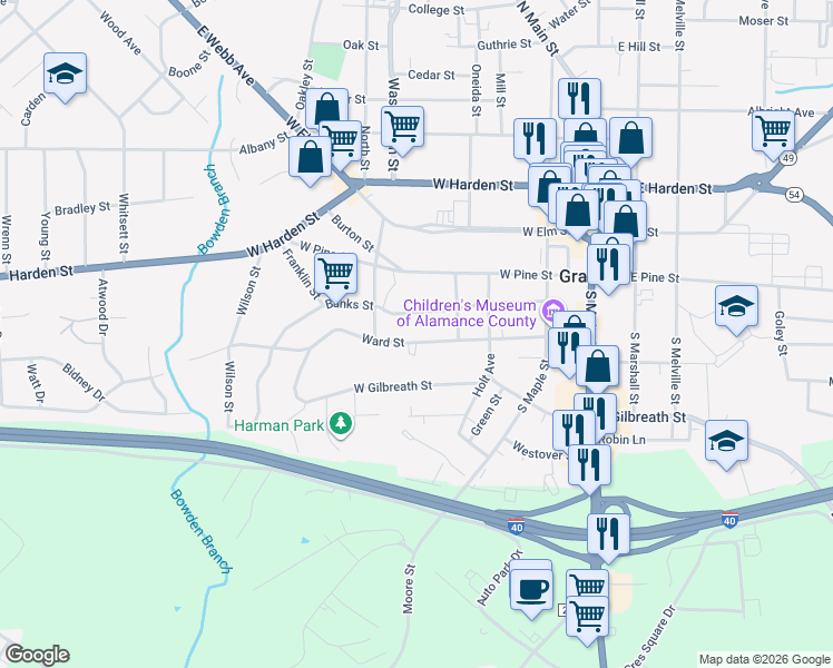 map of restaurants, bars, coffee shops, grocery stores, and more near 417 Ward Street in Graham