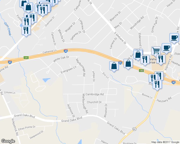 map of restaurants, bars, coffee shops, grocery stores, and more near 2919 Juniper Dr in Burlington