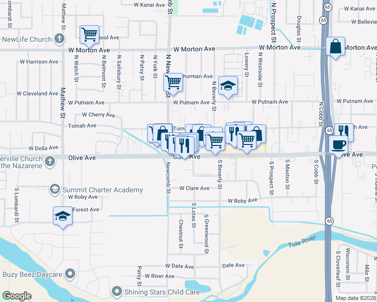map of restaurants, bars, coffee shops, grocery stores, and more near 1488 West Olive Avenue in Porterville