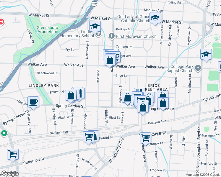 map of restaurants, bars, coffee shops, grocery stores, and more near 724 South Elam Avenue in Greensboro