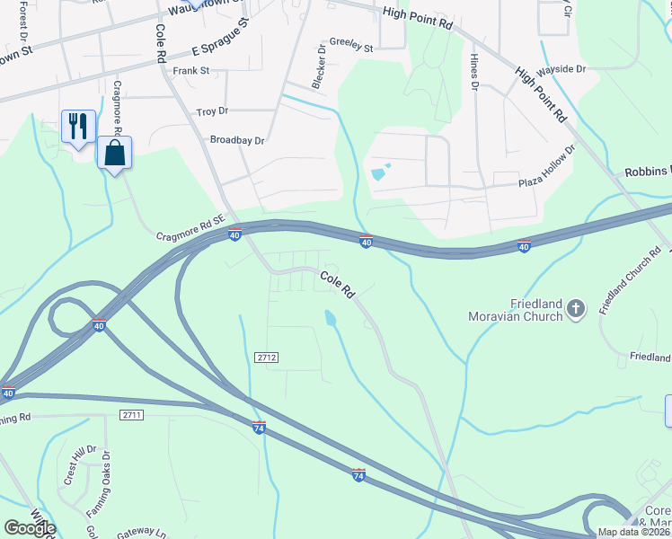 map of restaurants, bars, coffee shops, grocery stores, and more near 2685 Cole Road in Winston-Salem