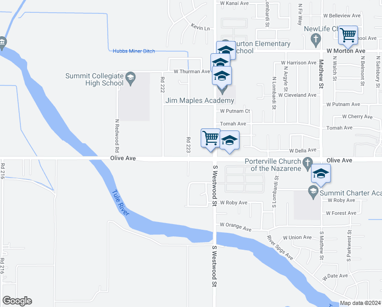 map of restaurants, bars, coffee shops, grocery stores, and more near 22308 Avenue 152 in Porterville