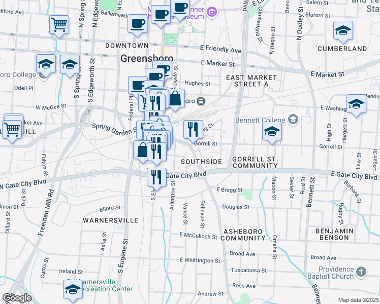 map of restaurants, bars, coffee shops, grocery stores, and more near 312 Martin Luther King Junior Drive in Greensboro