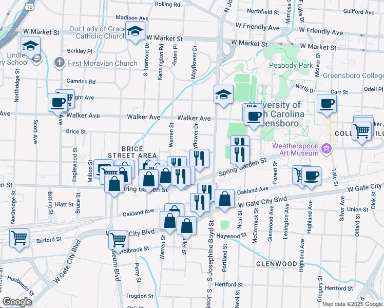 map of restaurants, bars, coffee shops, grocery stores, and more near 700 Mayflower Drive in Greensboro