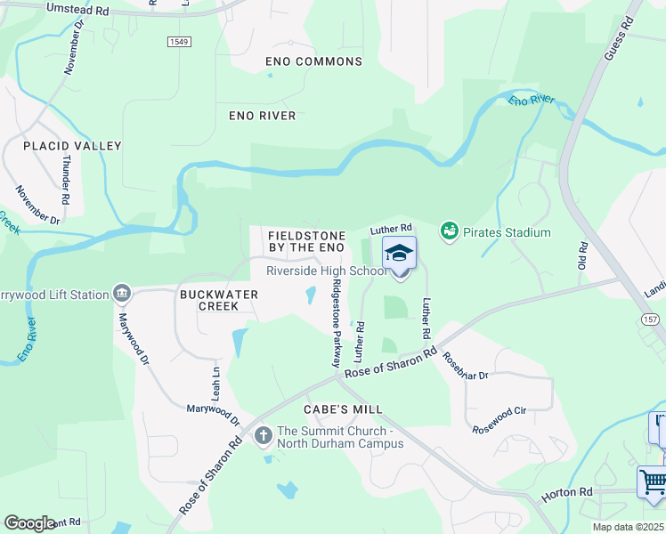 map of restaurants, bars, coffee shops, grocery stores, and more near 3300 Park Overlook Drive in Durham