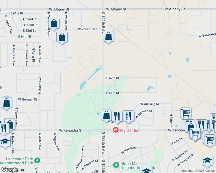 map of restaurants, bars, coffee shops, grocery stores, and more near 3501 West Princeton Street in Broken Arrow