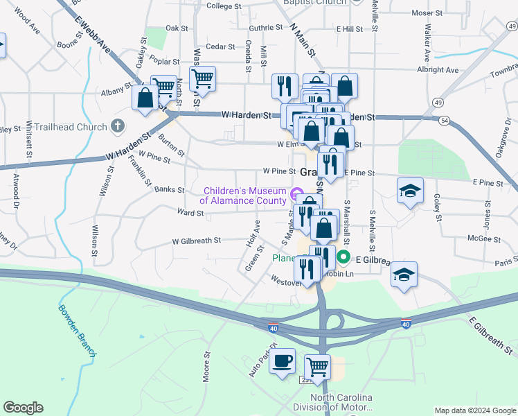 map of restaurants, bars, coffee shops, grocery stores, and more near 223 Ward Street in Graham