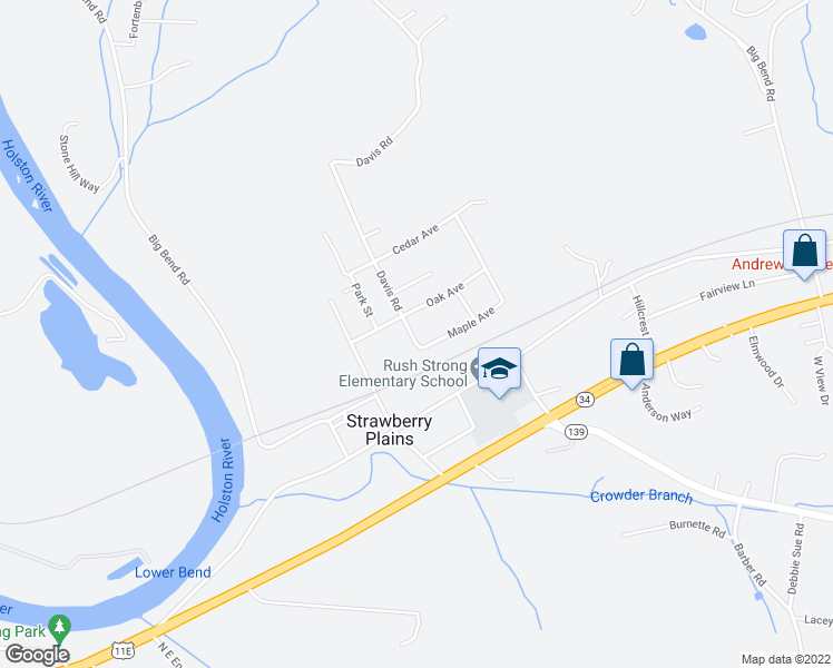 map of restaurants, bars, coffee shops, grocery stores, and more near 3306 Maple Ave in Strawberry Plains