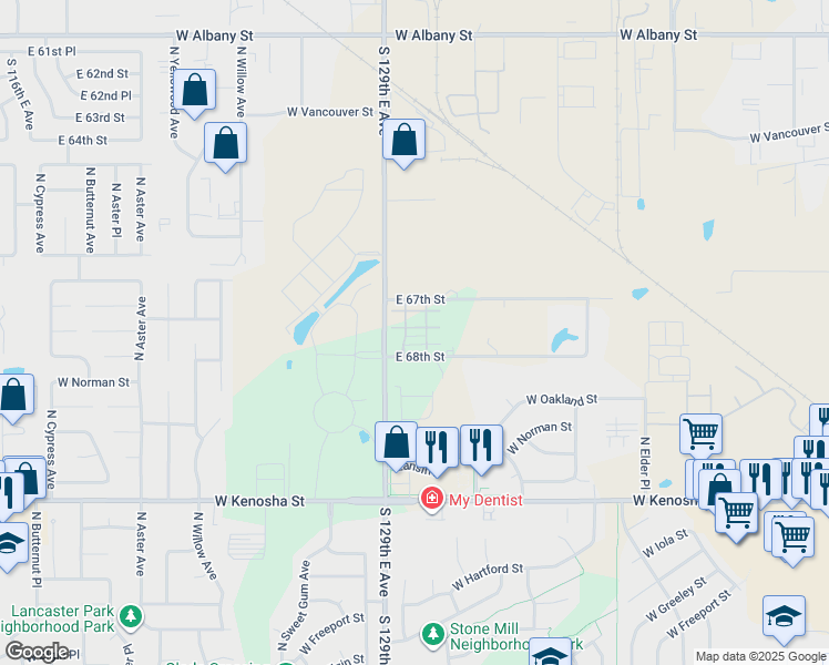 map of restaurants, bars, coffee shops, grocery stores, and more near 3408 West Oakland Place in Broken Arrow