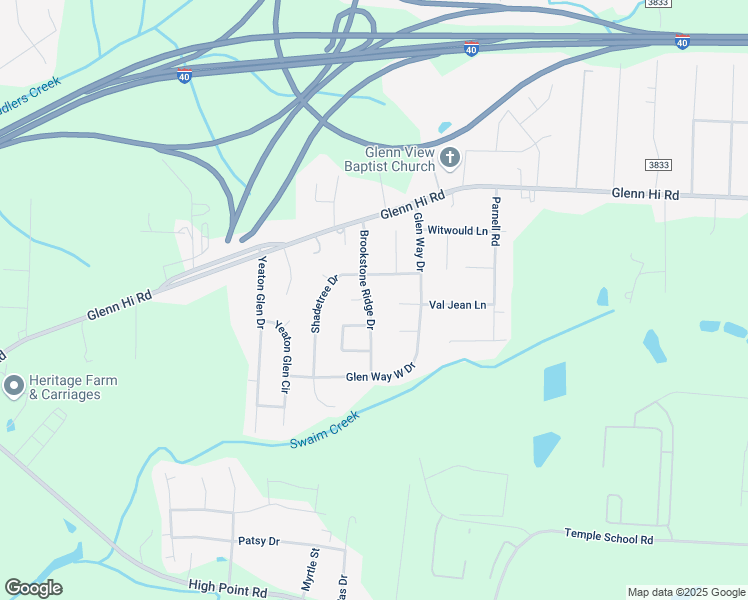 map of restaurants, bars, coffee shops, grocery stores, and more near 6035 Brookstone Ridge Drive in Winston-Salem