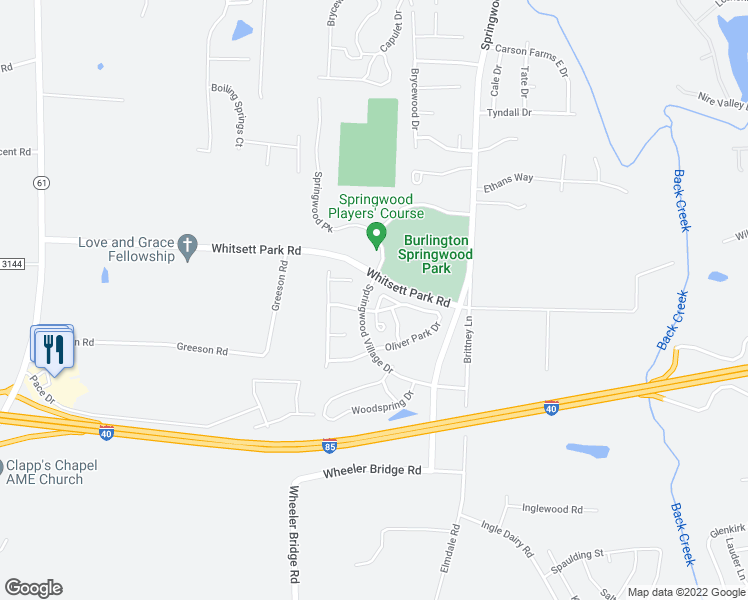 map of restaurants, bars, coffee shops, grocery stores, and more near 7414 Garett Park Drive in Whitsett
