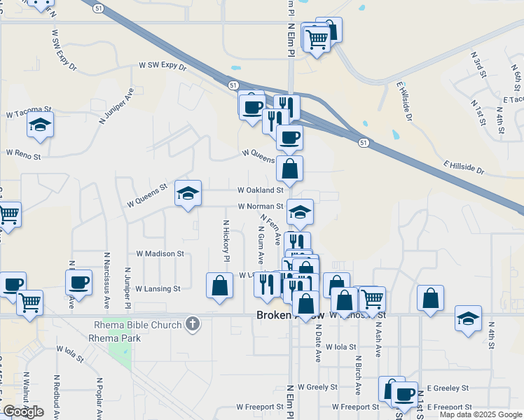 map of restaurants, bars, coffee shops, grocery stores, and more near 1165 North Fern Avenue in Broken Arrow