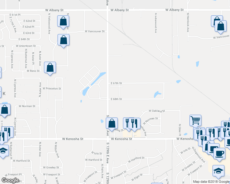 map of restaurants, bars, coffee shops, grocery stores, and more near 3412 West Oakland Place in Broken Arrow