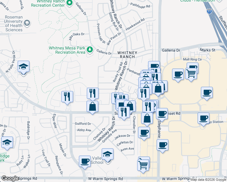 map of restaurants, bars, coffee shops, grocery stores, and more near 1502 Ironbark Drive in Henderson