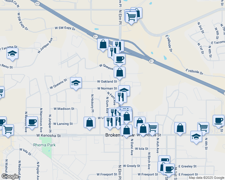 map of restaurants, bars, coffee shops, grocery stores, and more near 1165 North Fern Avenue in Broken Arrow