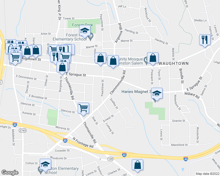 map of restaurants, bars, coffee shops, grocery stores, and more near 55 Cottage Street in Winston-Salem