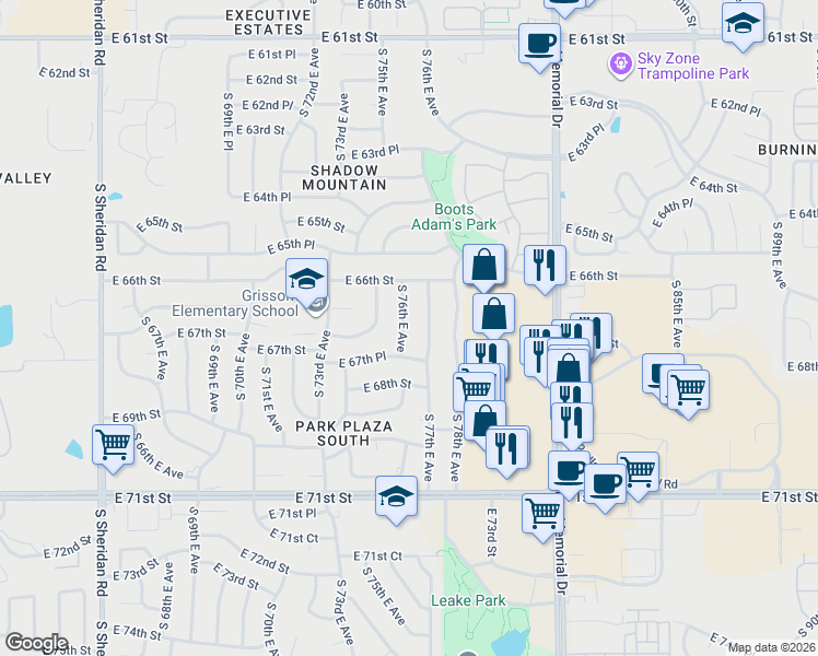 map of restaurants, bars, coffee shops, grocery stores, and more near 6641 South 76th East Avenue in Tulsa