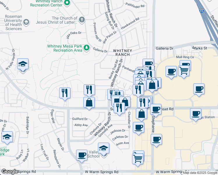 map of restaurants, bars, coffee shops, grocery stores, and more near 1506 Ironbark Drive in Henderson