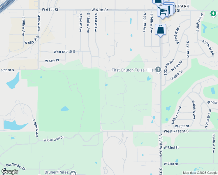 map of restaurants, bars, coffee shops, grocery stores, and more near 6751 Riva Ridge Road in Tulsa