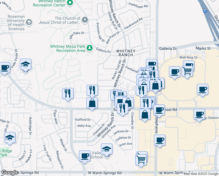 map of restaurants, bars, coffee shops, grocery stores, and more near 1506 Ironbark Drive in Henderson