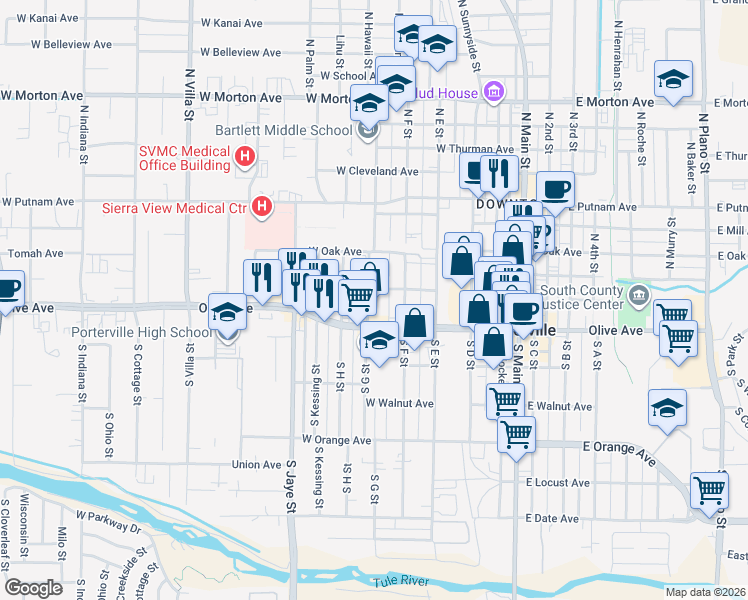 map of restaurants, bars, coffee shops, grocery stores, and more near 40 North G Street in Porterville