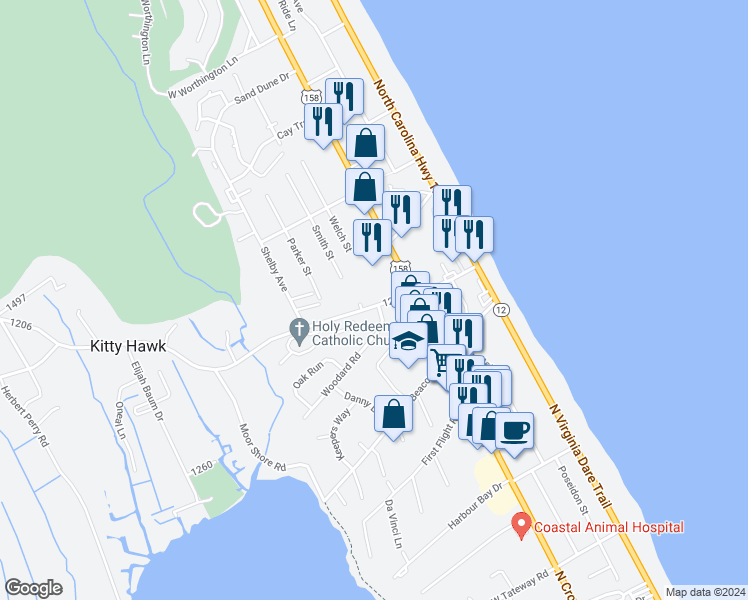 map of restaurants, bars, coffee shops, grocery stores, and more near 120 West Kitty Hawk Road in Kitty Hawk