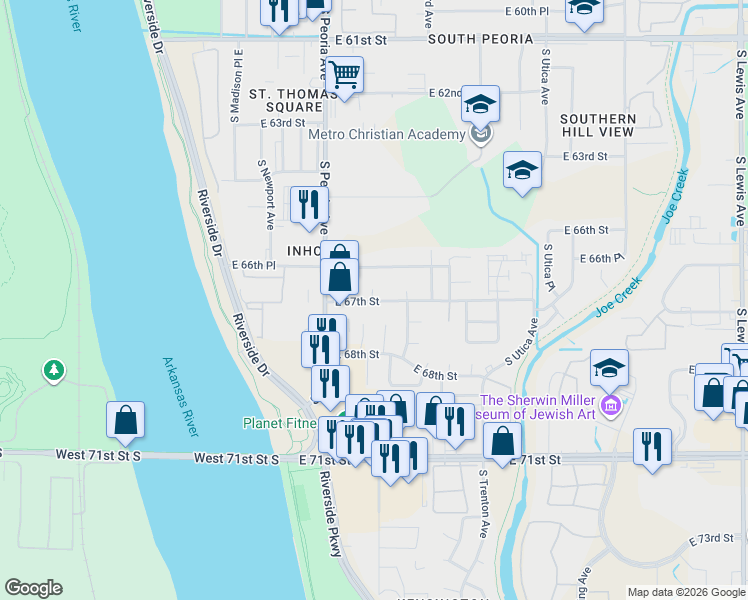 map of restaurants, bars, coffee shops, grocery stores, and more near 1408 East 67th Street in Tulsa