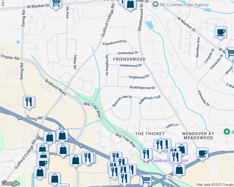 map of restaurants, bars, coffee shops, grocery stores, and more near 5 Spanish Oak Circle in Greensboro