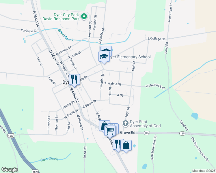 map of restaurants, bars, coffee shops, grocery stores, and more near 245 Hull Street in Dyer