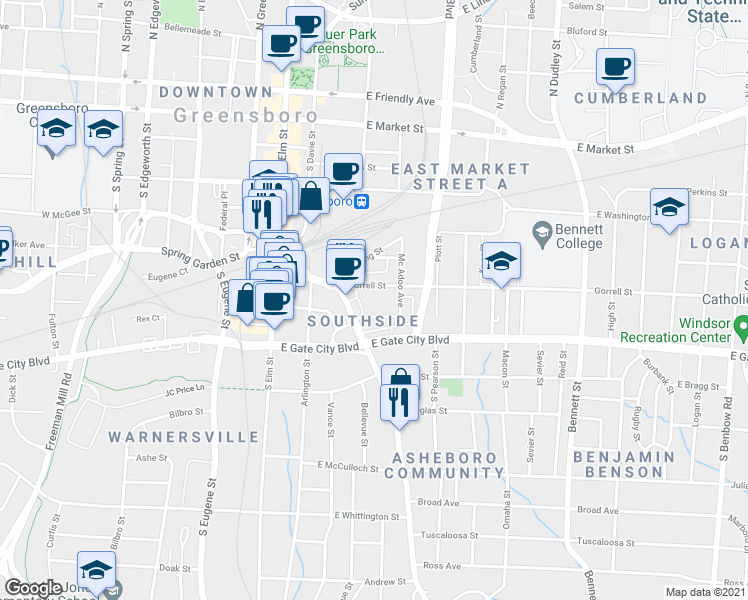 map of restaurants, bars, coffee shops, grocery stores, and more near 404 McAdoo Avenue in Greensboro