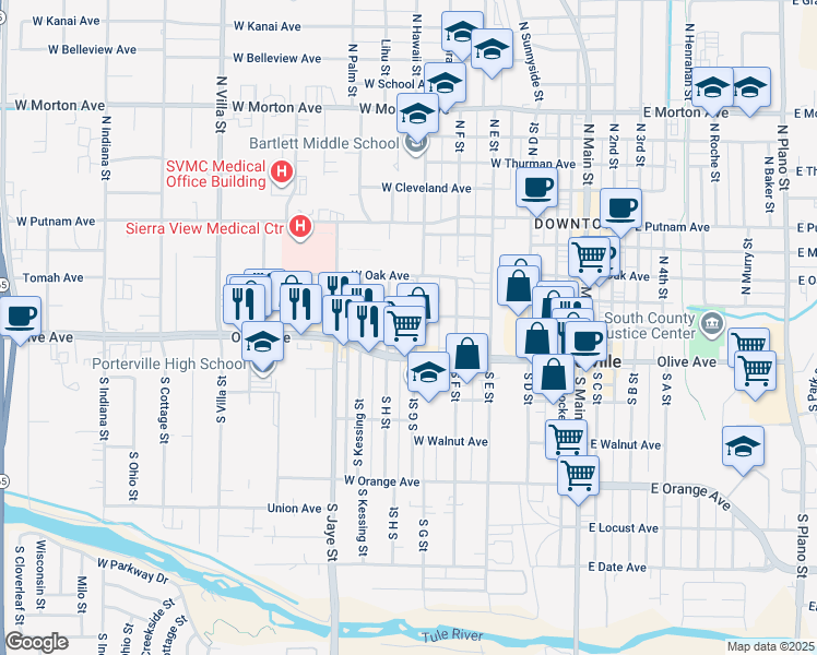 map of restaurants, bars, coffee shops, grocery stores, and more near 285 West Willow Avenue in Porterville