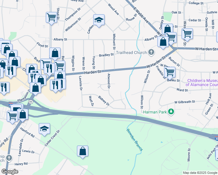 map of restaurants, bars, coffee shops, grocery stores, and more near 2400-2432 Atwood Drive in Burlington