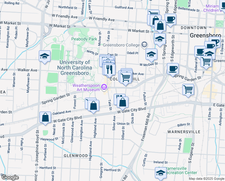 map of restaurants, bars, coffee shops, grocery stores, and more near 608 Joyner Street in Greensboro