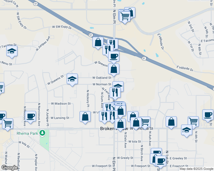 map of restaurants, bars, coffee shops, grocery stores, and more near 1165 North Fern Avenue in Broken Arrow
