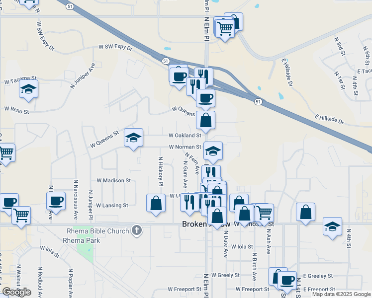 map of restaurants, bars, coffee shops, grocery stores, and more near 1165 North Fern Avenue in Broken Arrow
