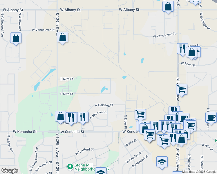 map of restaurants, bars, coffee shops, grocery stores, and more near 6712 South 136th East Avenue in Broken Arrow