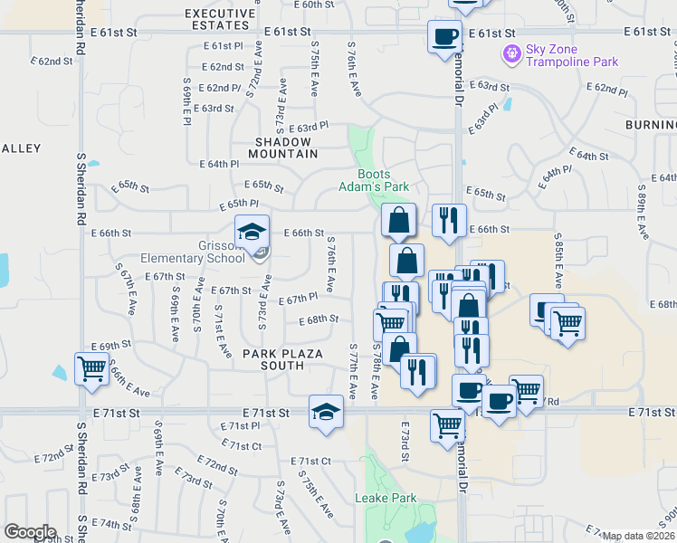 map of restaurants, bars, coffee shops, grocery stores, and more near 6641 South 76th East Avenue in Tulsa