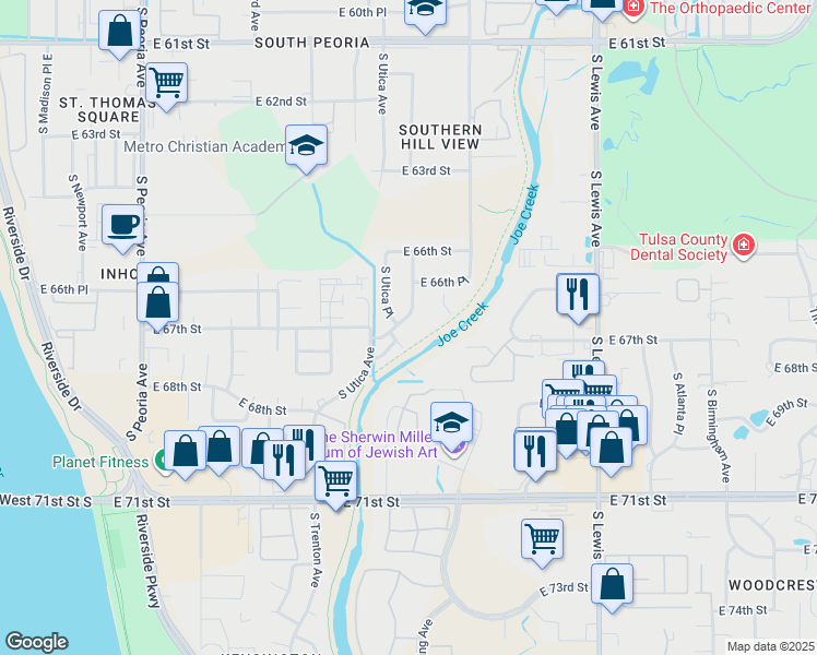 map of restaurants, bars, coffee shops, grocery stores, and more near 6701 South Utica Place in Tulsa
