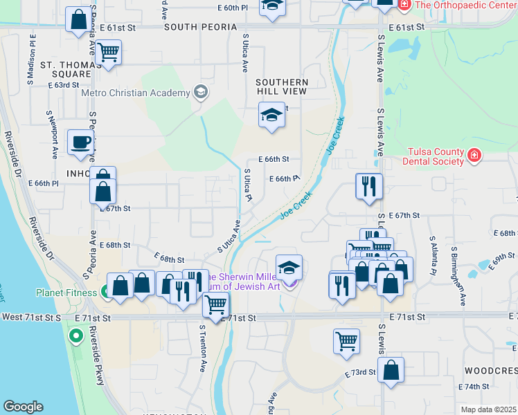 map of restaurants, bars, coffee shops, grocery stores, and more near 6701 South Utica Place in Tulsa