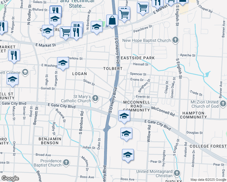 map of restaurants, bars, coffee shops, grocery stores, and more near 1700 McConnell Road in Greensboro