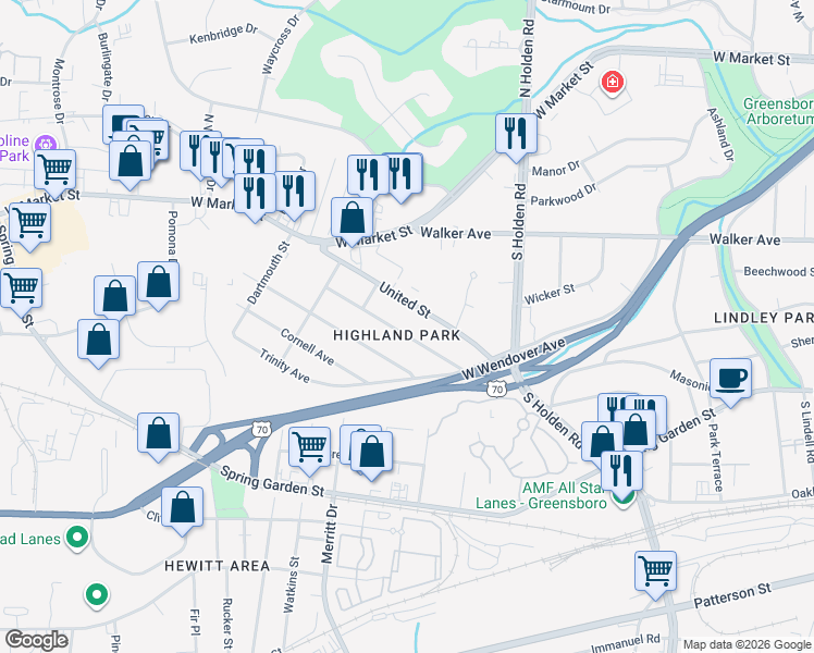map of restaurants, bars, coffee shops, grocery stores, and more near 4230 Princeton Ave in Greensboro