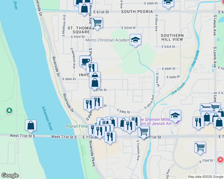 map of restaurants, bars, coffee shops, grocery stores, and more near 1408 East 67th Street in Tulsa