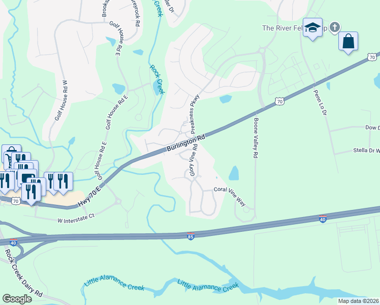map of restaurants, bars, coffee shops, grocery stores, and more near 6331 Inkberry Drive in Whitsett