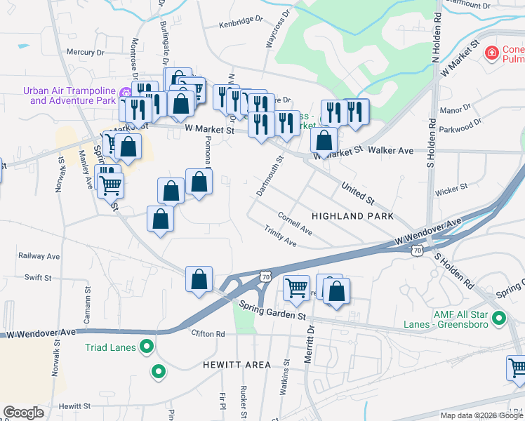 map of restaurants, bars, coffee shops, grocery stores, and more near 4416 Trinity Avenue in Greensboro