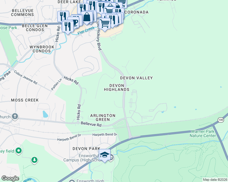 map of restaurants, bars, coffee shops, grocery stores, and more near 2716 North Highlands Drive in Nashville