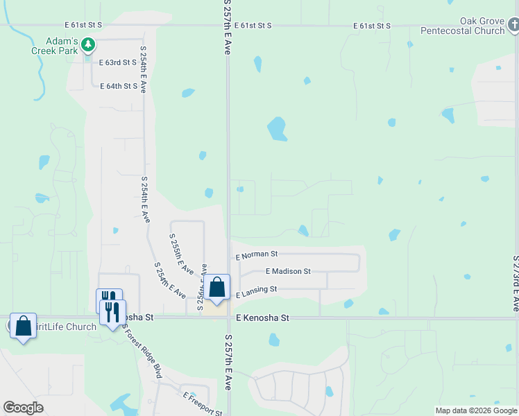 map of restaurants, bars, coffee shops, grocery stores, and more near 6609-6613 South 257th East Avenue in Broken Arrow
