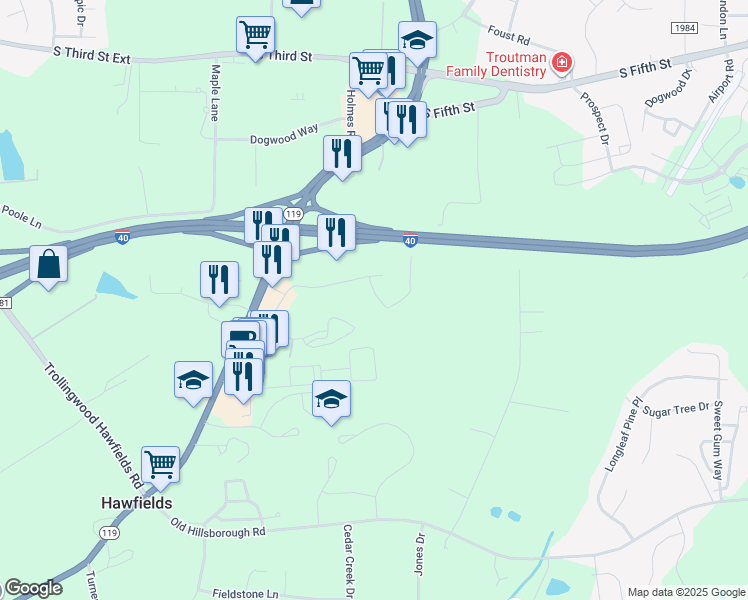map of restaurants, bars, coffee shops, grocery stores, and more near 402 Willow Brook Court in Mebane