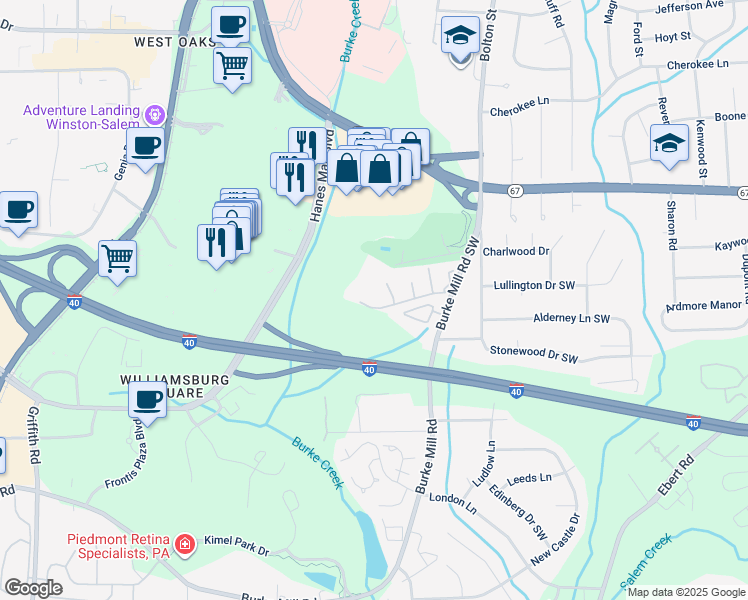 map of restaurants, bars, coffee shops, grocery stores, and more near 2958 Saint Marks Road Southwest in Winston-Salem